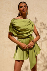 Clydie | Olive Satin Asymmetric Romper With Tie-Waist