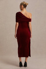 Zena | Burgundy Velvet Asymmetric-Neck Maternity Midi Dress With Knot And Sash Detail