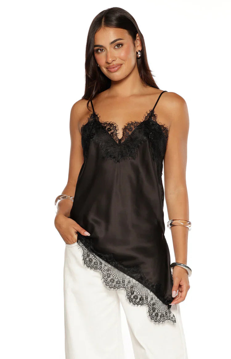 Ziva Black Satin Lace Trim Asymmetrical Top - PRE ORDER