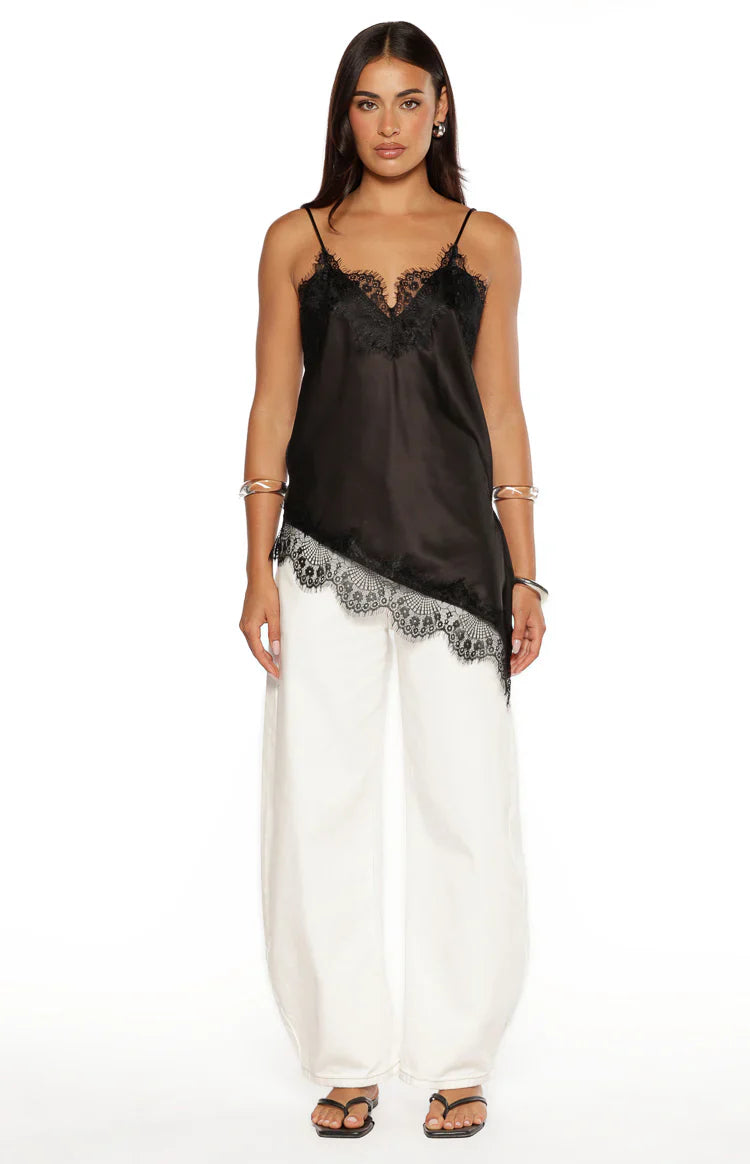 Ziva Black Satin Lace Trim Asymmetrical Top - PRE ORDER