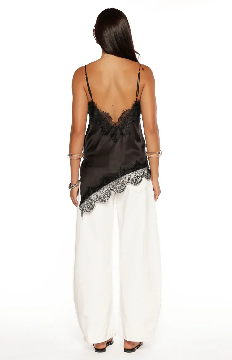 Ziva Black Satin Lace Trim Asymmetrical Top - PRE ORDER