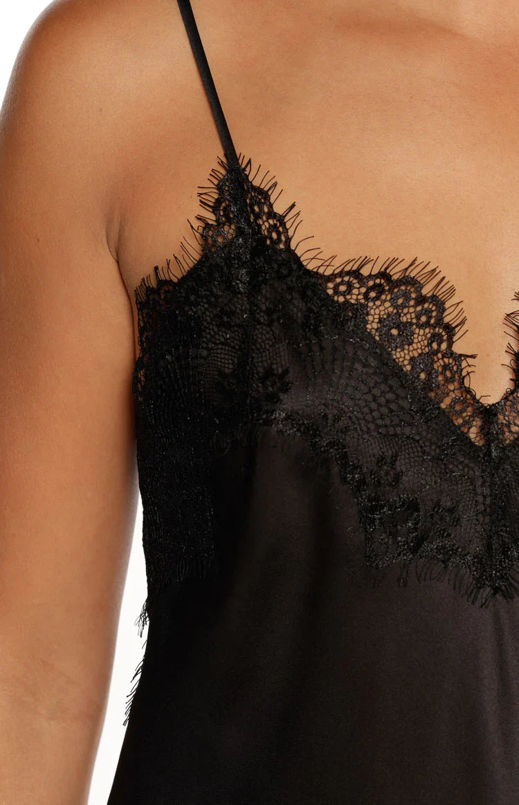 Ziva Black Satin Lace Trim Asymmetrical Top - PRE ORDER